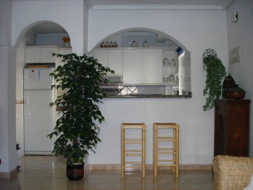 Huiselijke ruimte met een keuken, twee barkrukken en twee grote planten.